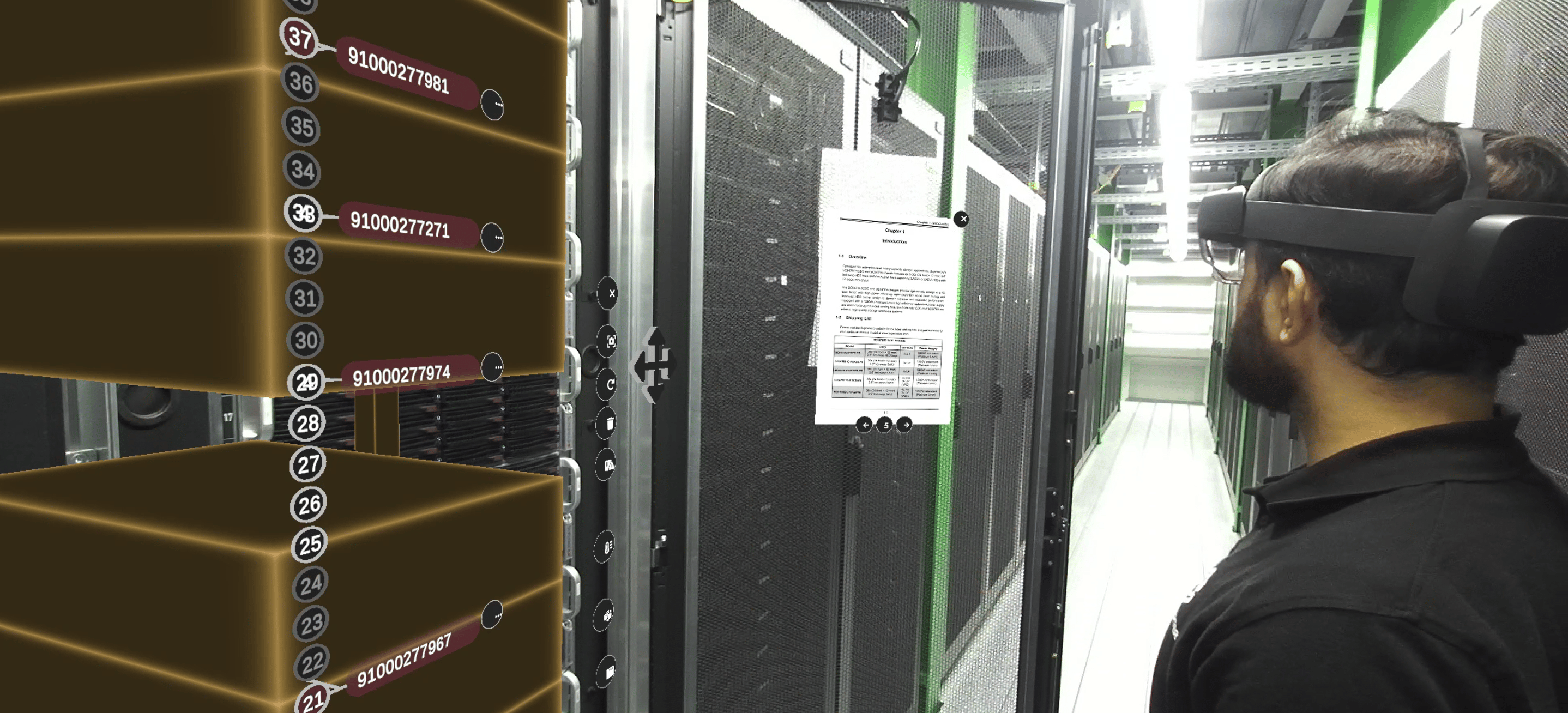Engineer using AR to access ITSM knowledge base for troubleshooting in a data center.