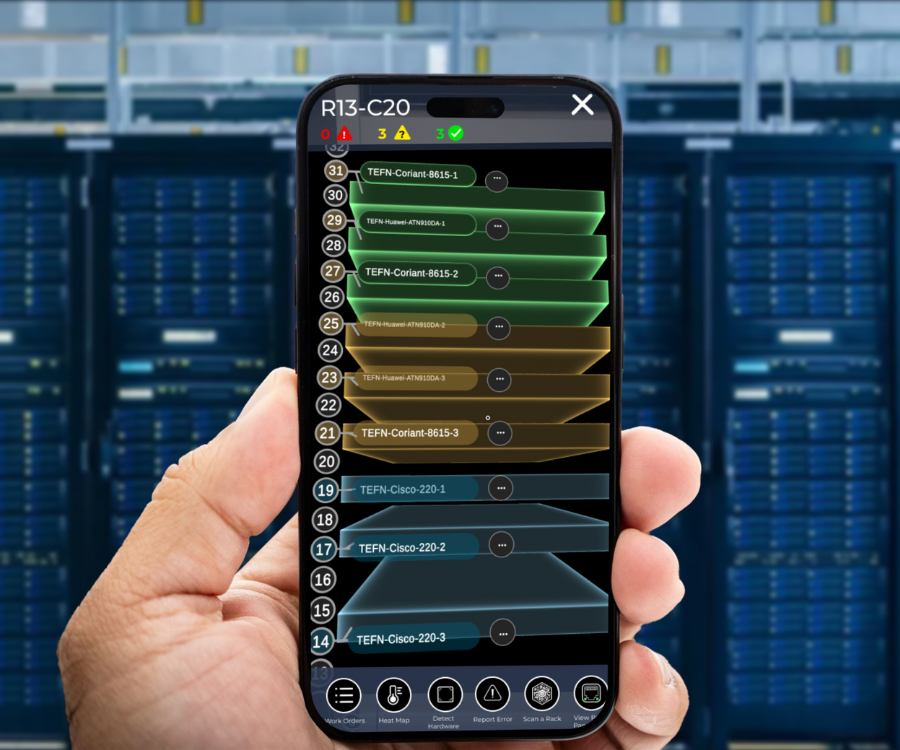 Technician using DC Vision’s mobile interface to manage data center operations and reduce human error by 75%